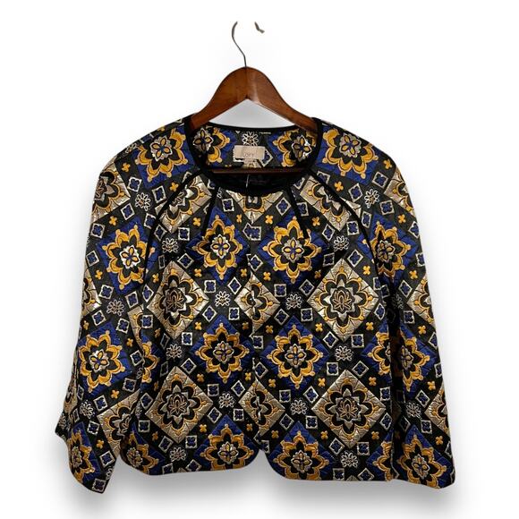 LOFT Jacket Blue Gold Tapestry Kimono Sleeve Boho Artisanal Statement Large New - Picture 2 of 8